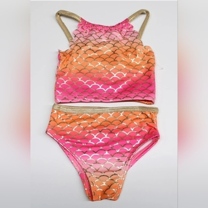Mermaid Scallop Pink‎ Orange & Metallic Gold Girls 2 Piece Bikini Swimwear. New